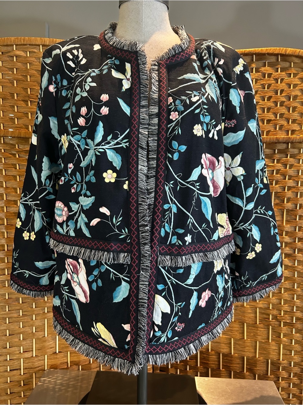 Floral Fringe Trim Open Front Jacket Boho Cottagecore Tapestry Blazer Size 16